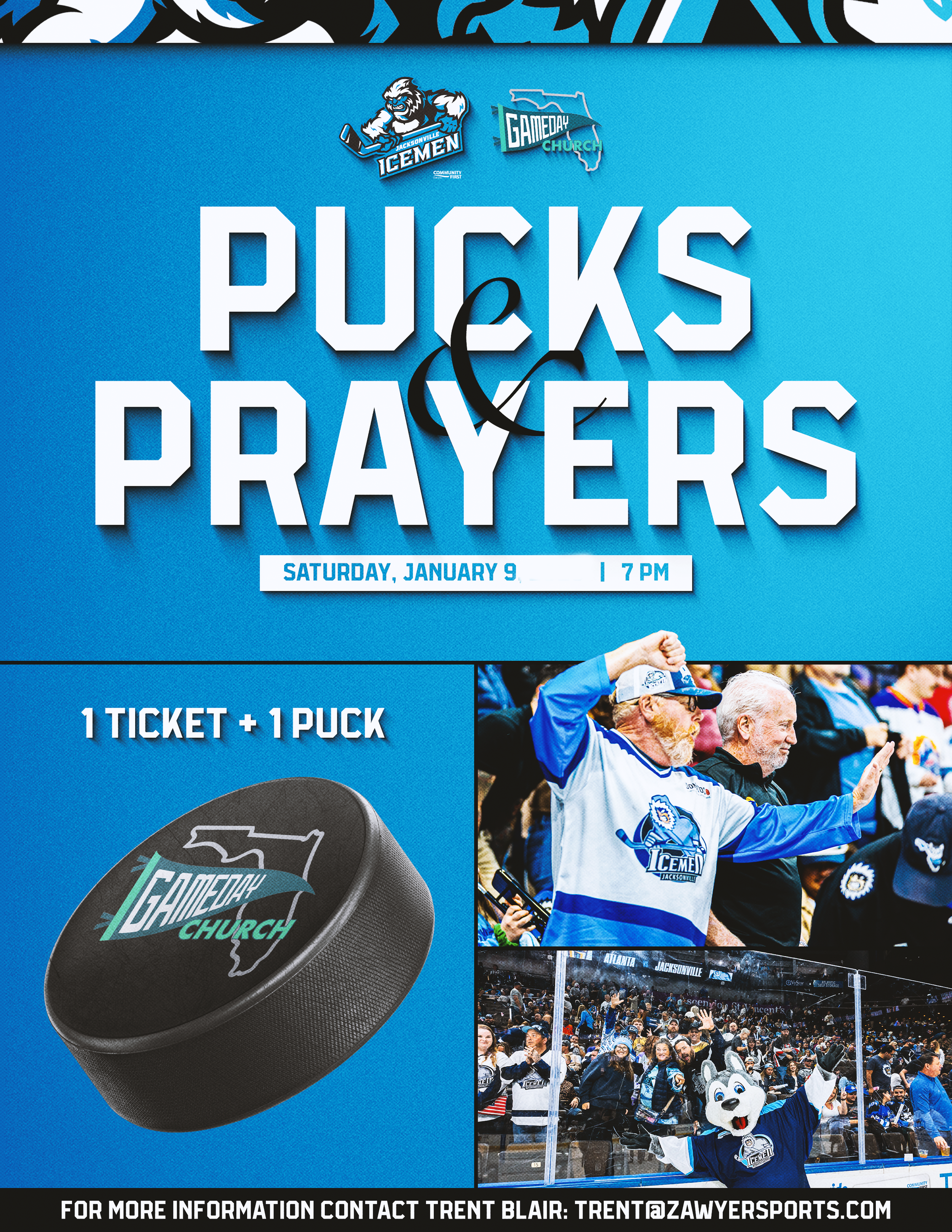 A promotional poster for a hockey game event, featuring the Jacksonville Icemen mascot, a hockey puck with the Icemen logo, and images of fans at an ice rink. The poster includes text about the game date and contact information for the event organizer.