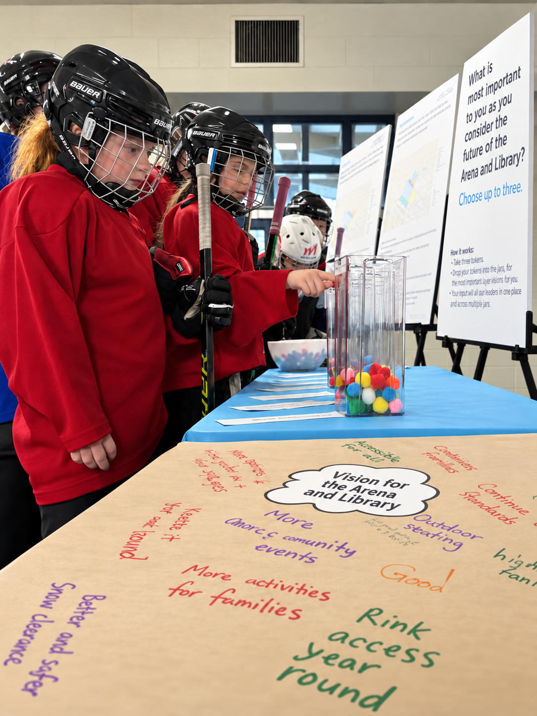 Young hockey players share priorities at CNA’s arena and library public consultation.