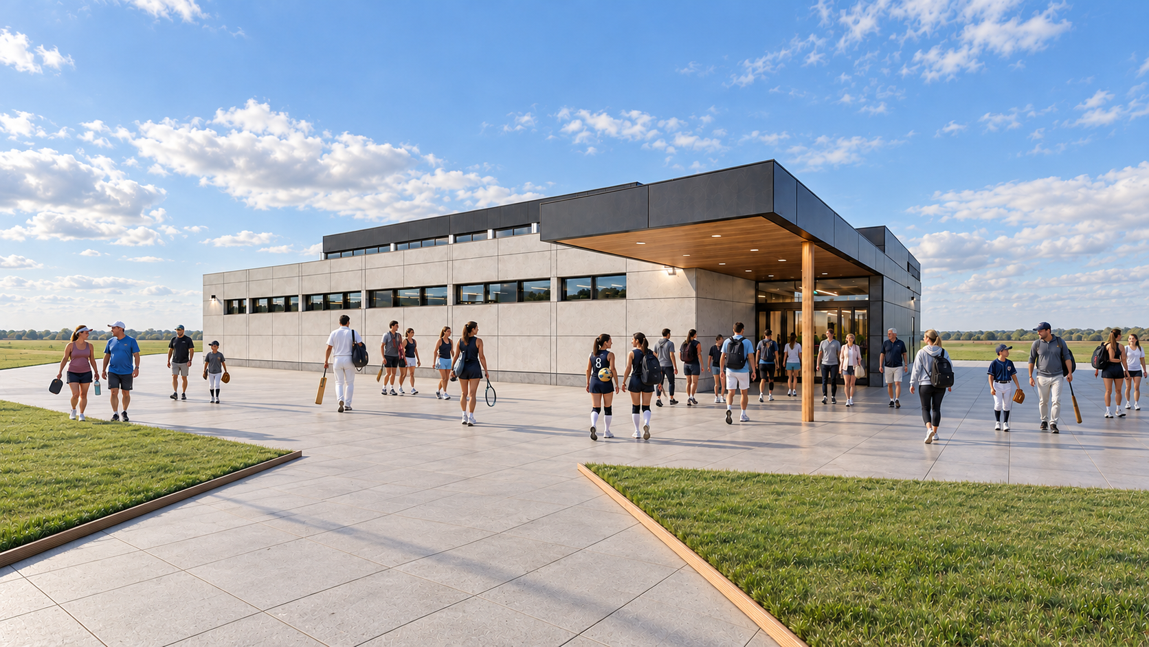 Visitors outside a public sports fieldhouse designed by CHERIE NG ARCHITECT INC. (CNA).