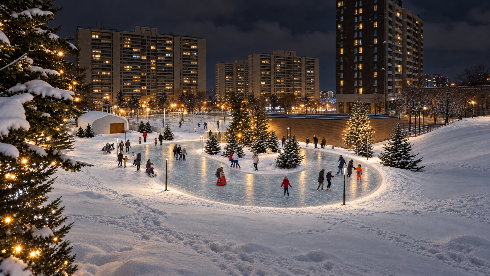 People skate along an illuminated outdoor skating trail, a CHERIE NG ARCHITECT INC. (CNA) project.