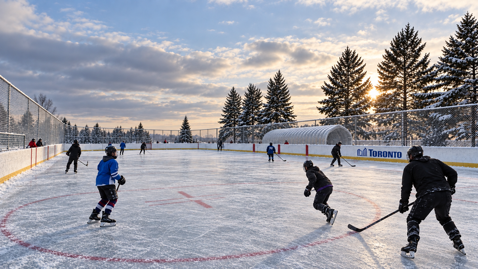 Hockey players on an outdoor Toronto ice rink, a CHERIE NG ARCHITECT INC. (CNA) project.