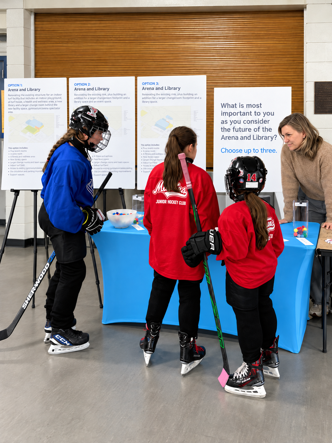 Young hockey players discuss arena and library options at a CNA sports consultation.