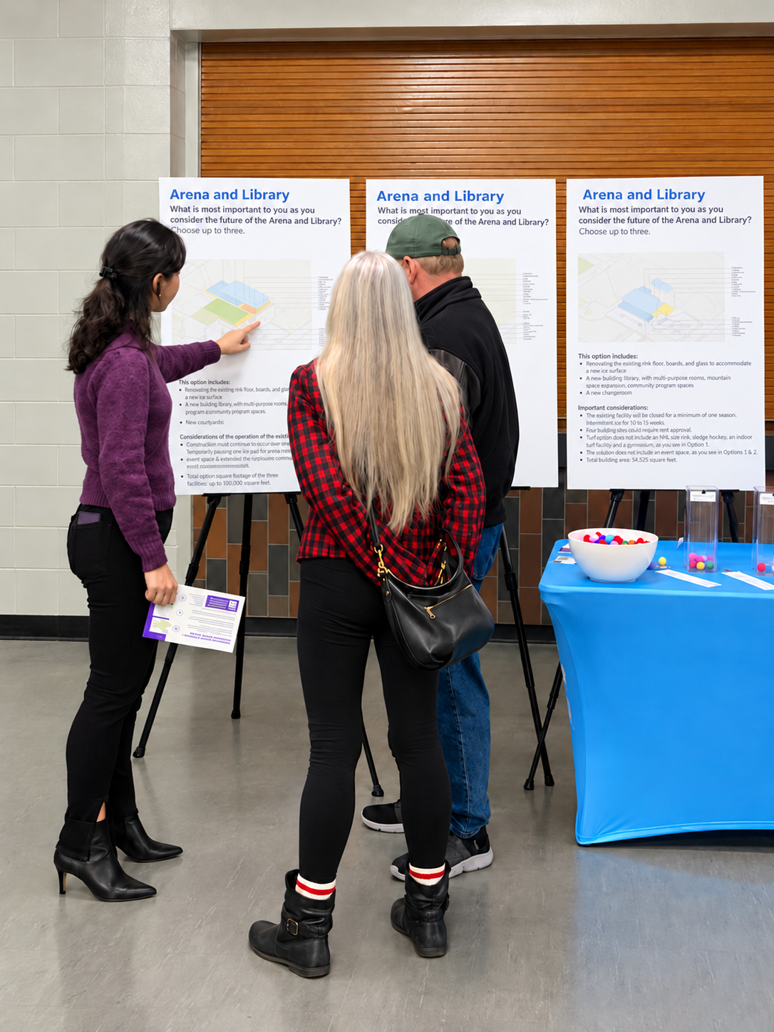 Community members discuss arena and library design options with CNA at a public consultation.