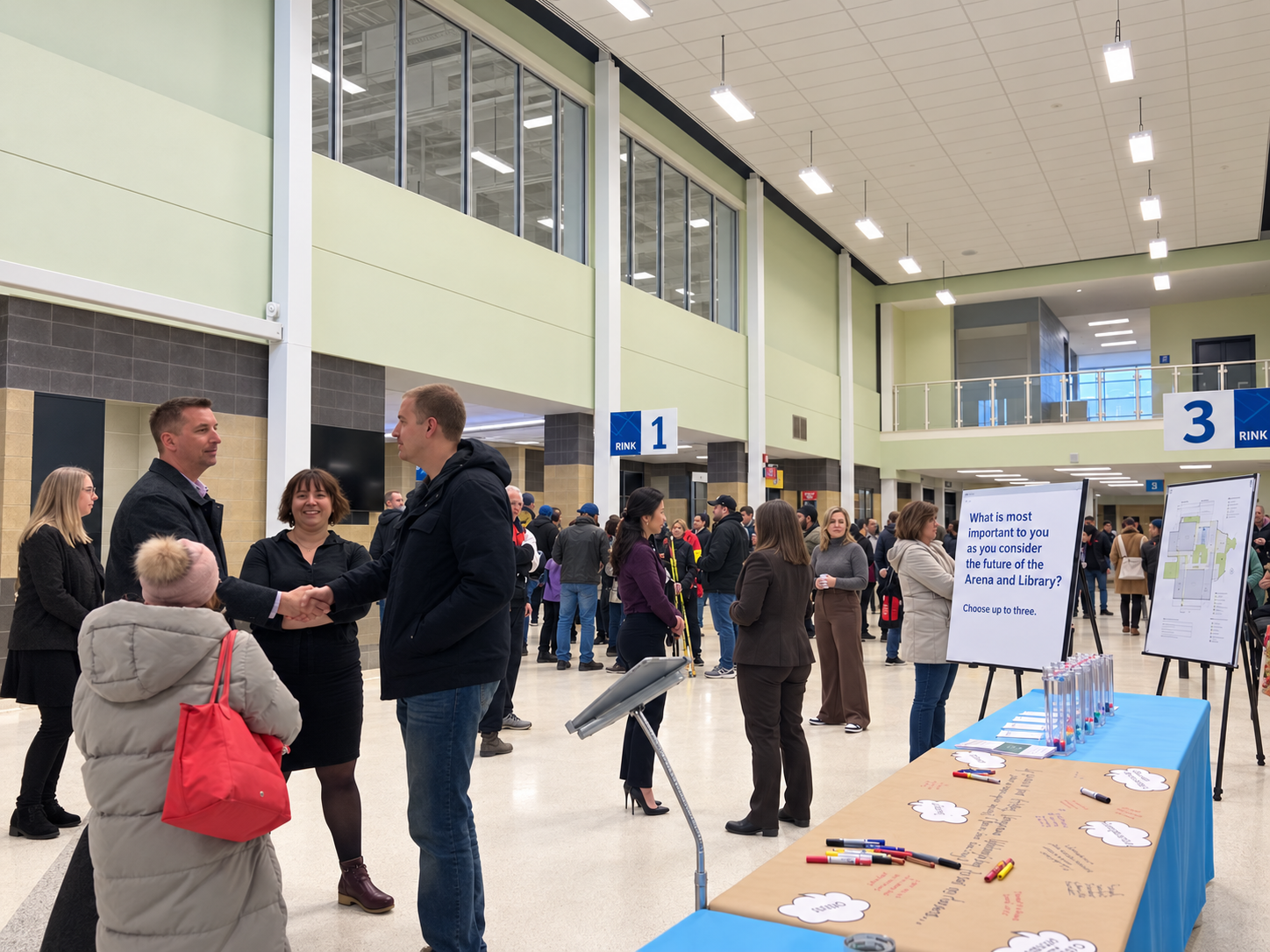 CNA and community members discuss the future of an arena and library at a public meeting.