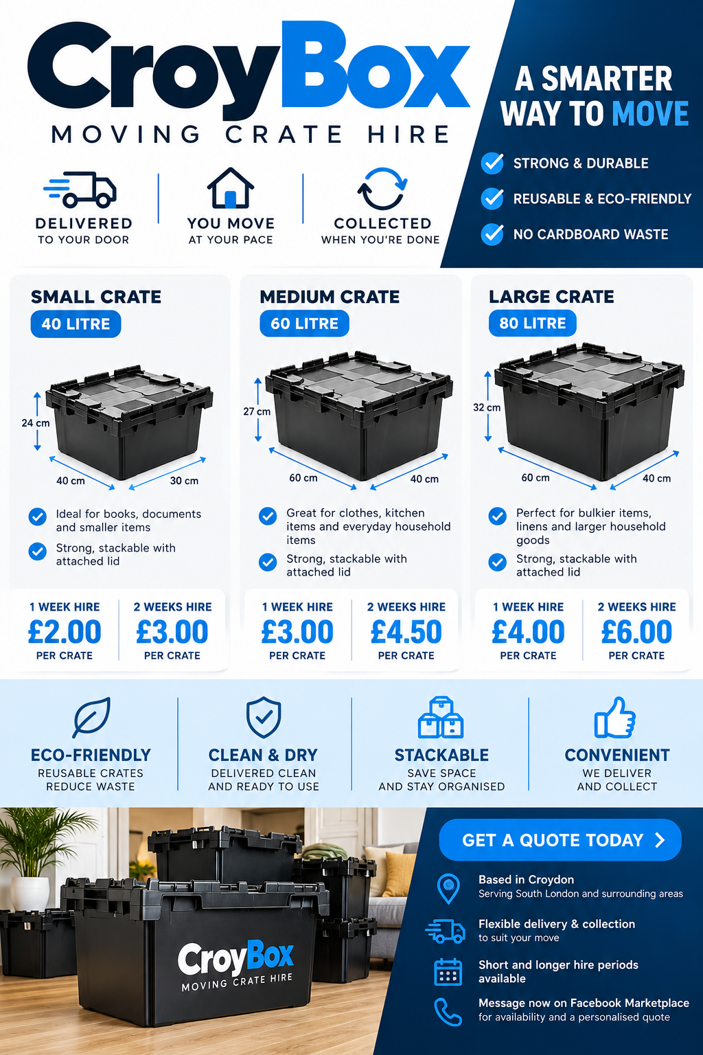 CroyBox plastic moving crates in 40, 60 and 80 litre sizes, with weekly hire prices and benefits.
