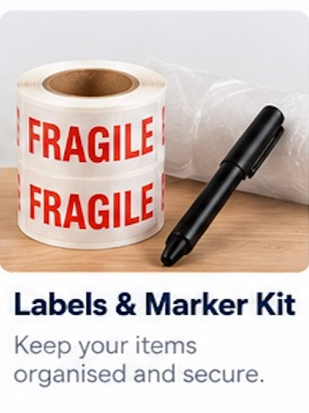 Labels, Fragile Tape and Marker Pens