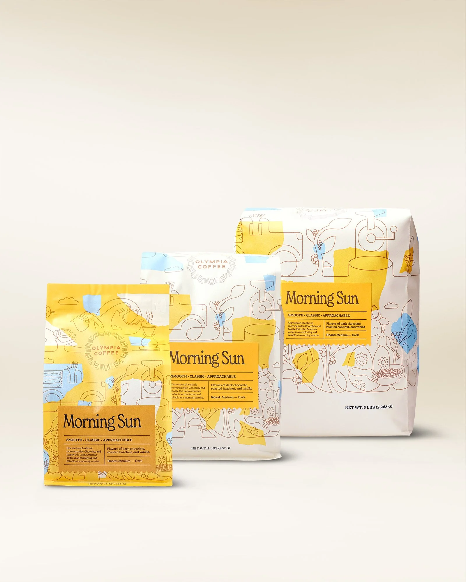 The refreshed lineup of 12 oz, 2 lb, and 5 lb coffee bags for retail and wholesale.