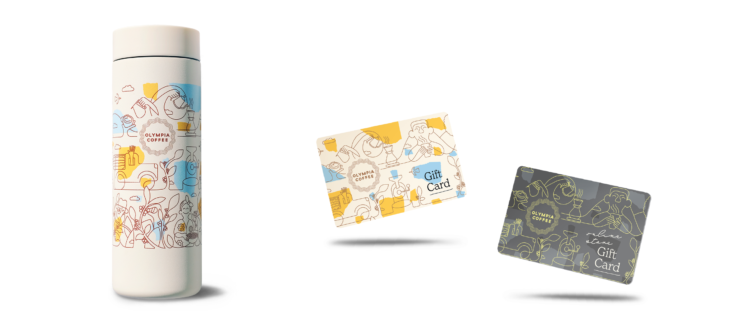 Branded merchandise featuring the primary illustration and colorways.