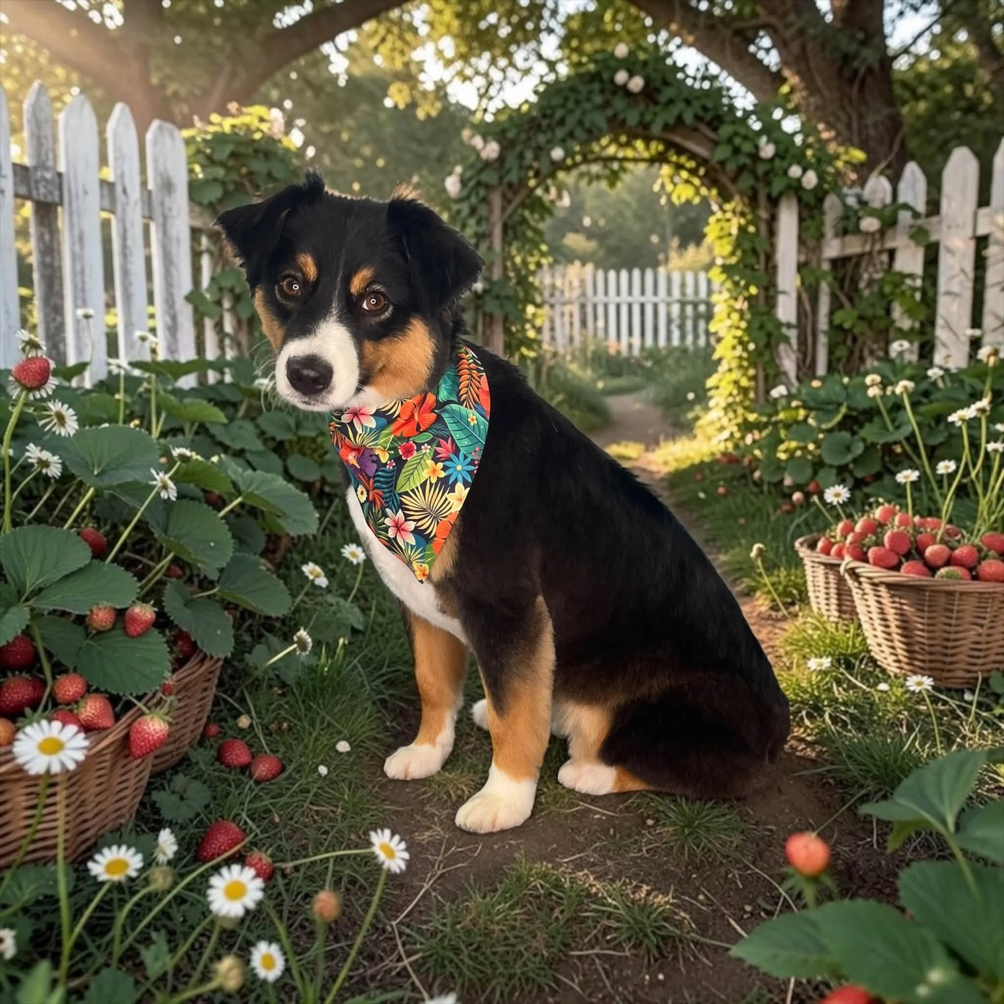 A black, brown, and white dog wearing a colorful floral bandana sitting among strawberry plants and flowers in a garden, with a white picket fence and trees in the background.