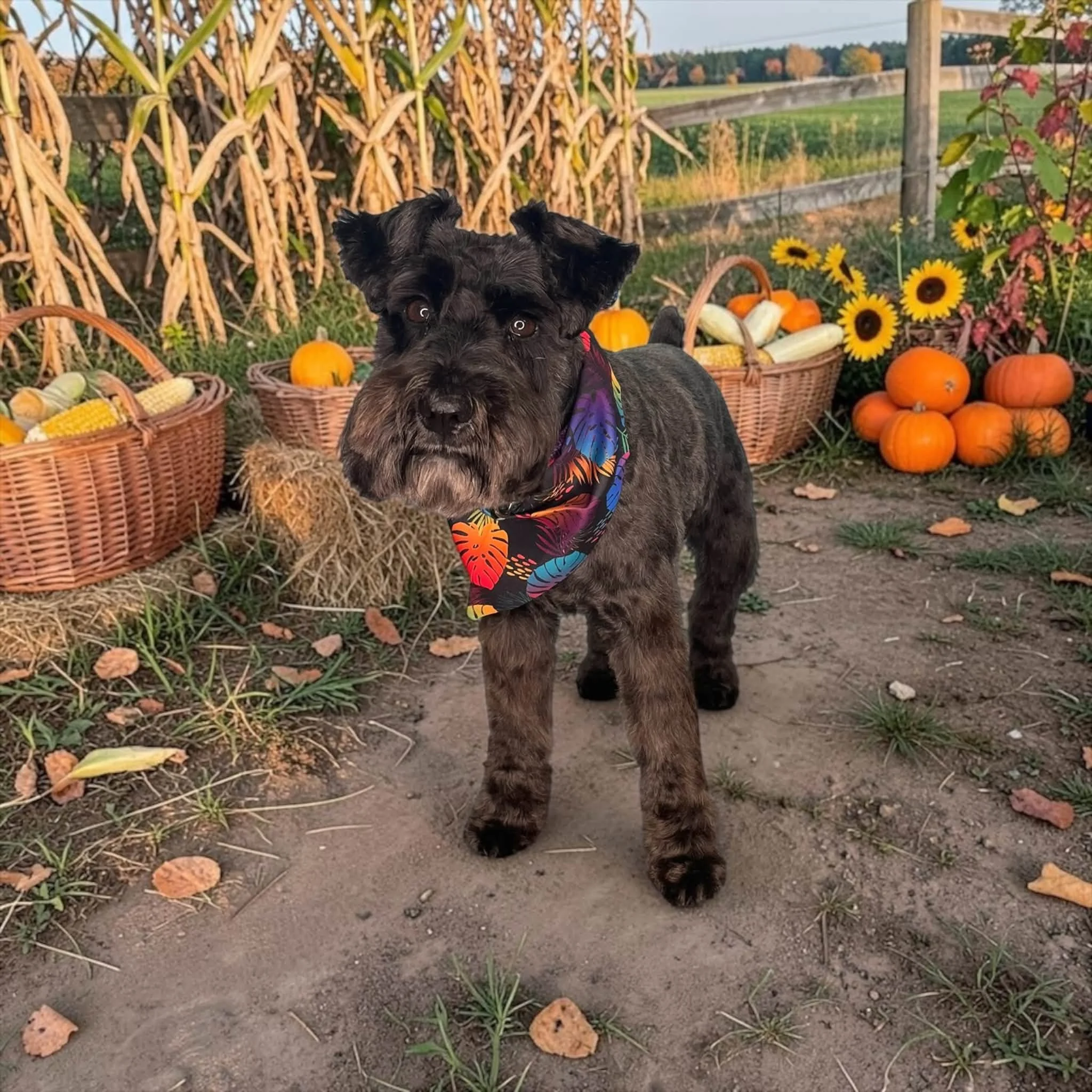 A small black dog with a colorful bandana around its neck sitting in front of autumn decorations including small pumpkins, corn, sunflowers, and dried corn stalks outdoors.
