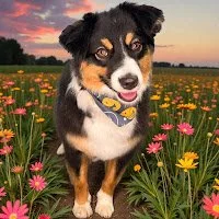 Dog with a yellow bandana standing in a field of pink and yellow flowers at sunset.