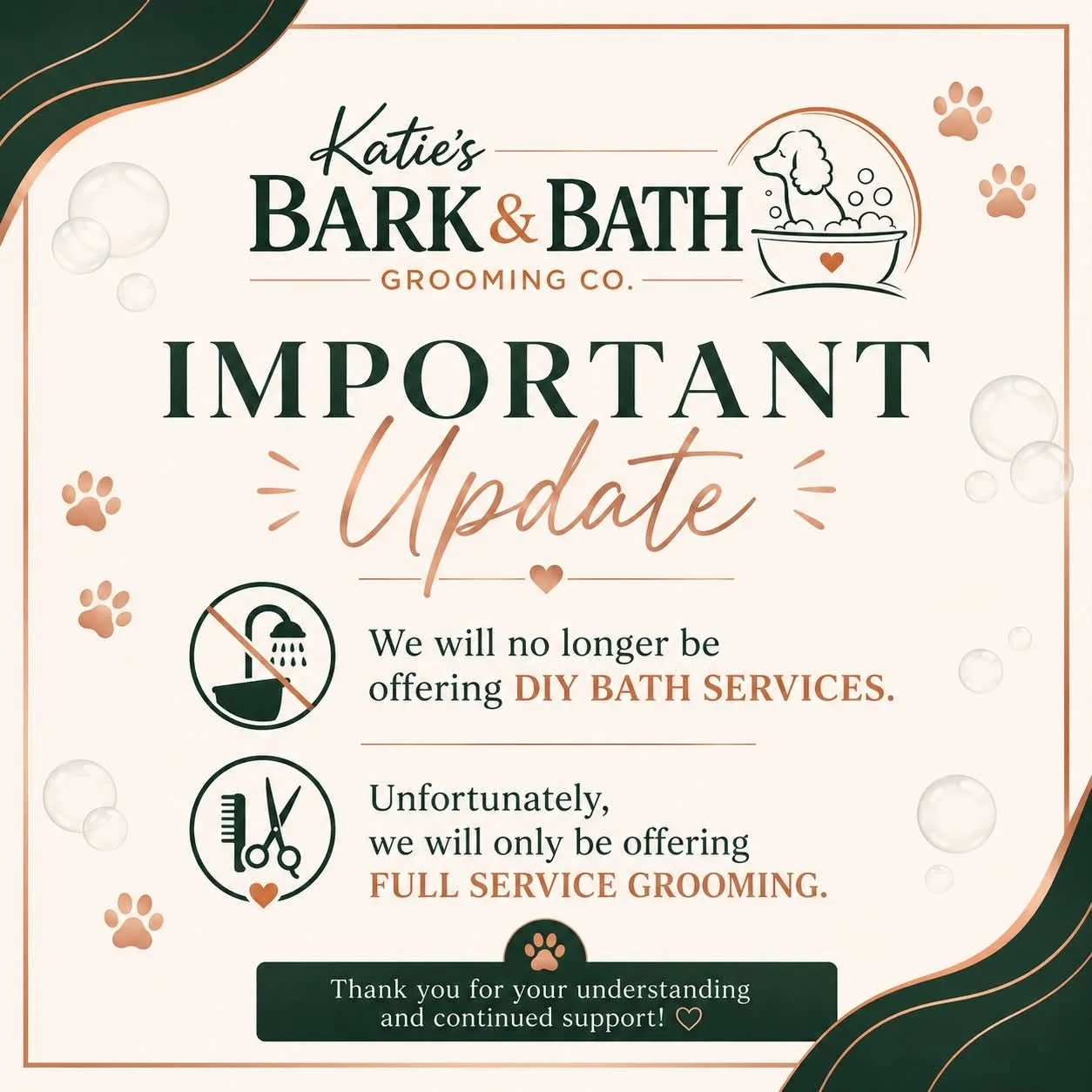 A sign from Katie's Bark & Bath Grooming Co. announcing an important update. The sign states they will no longer offer DIY bath services, only full-service grooming. The sign has paw prints, bubbles, and grooming icons, with a dog in a bath illustration at the top.