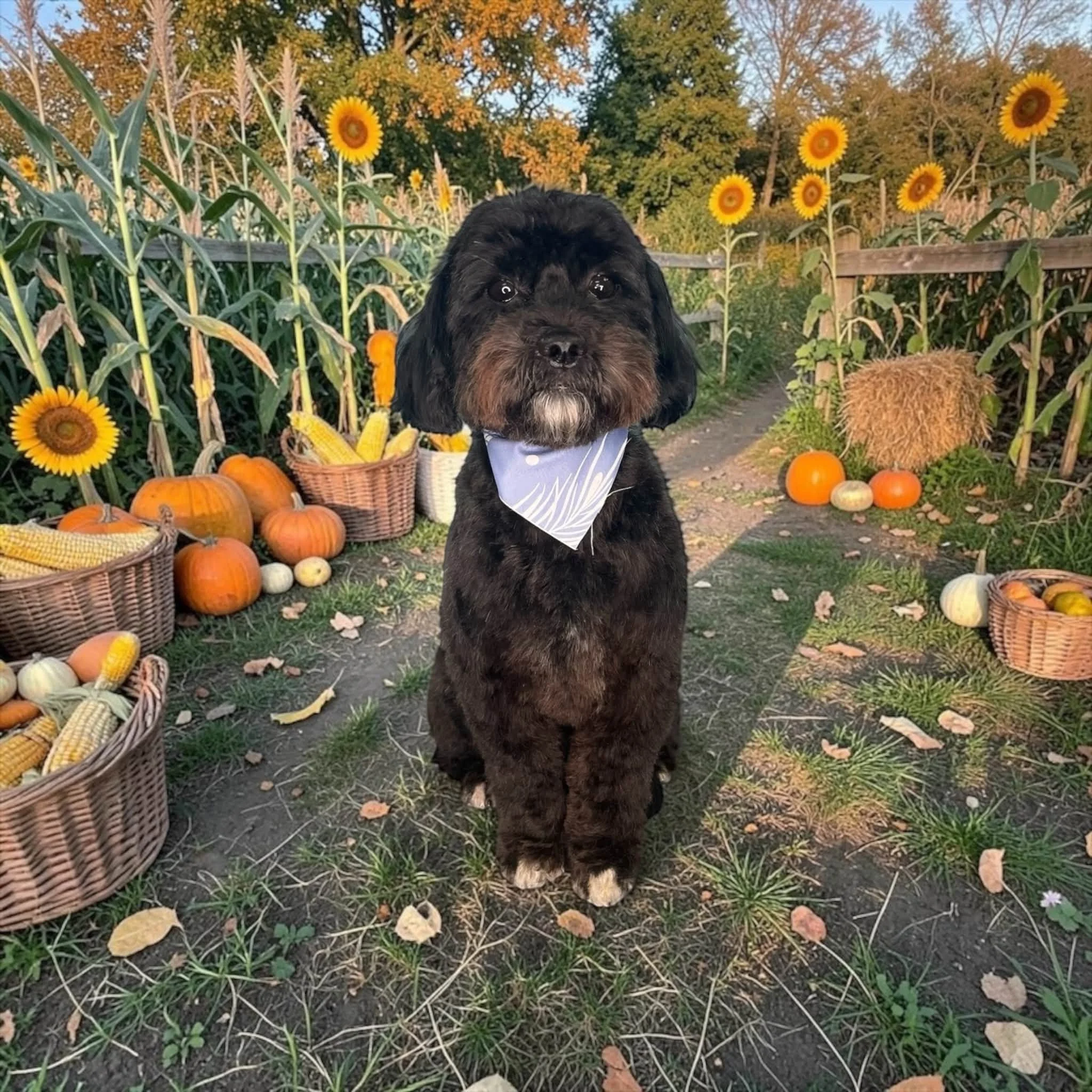 A black dog with a grey beard and a blue bandana sitting outdoors among sunflowers, pumpkins, and other fall decorations during autumn.