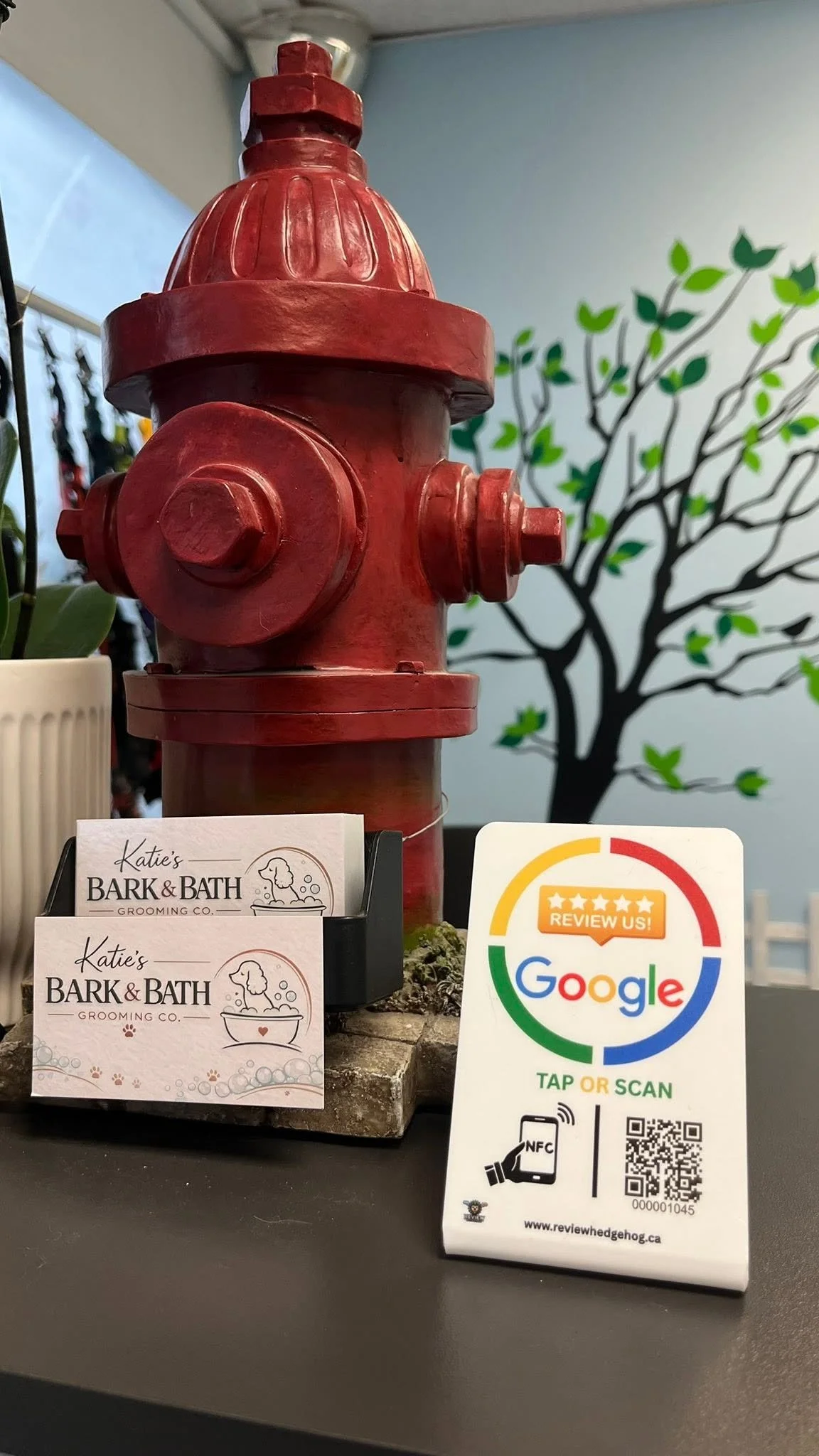 A red fire hydrant on a table with business cards from Katie's Bark & Bath Grooming Co. and a Google review QR code. A wall with a painted tree is in the background.