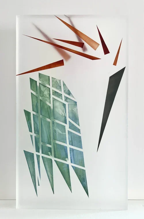 Abstract painting of a green heron on cast acrylic panel
