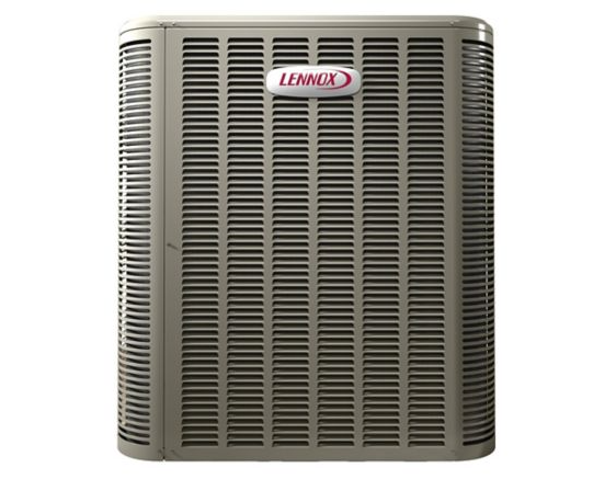 Lennox air conditioning or furnace unit with a gray metal exterior and a Lennox logo at the top