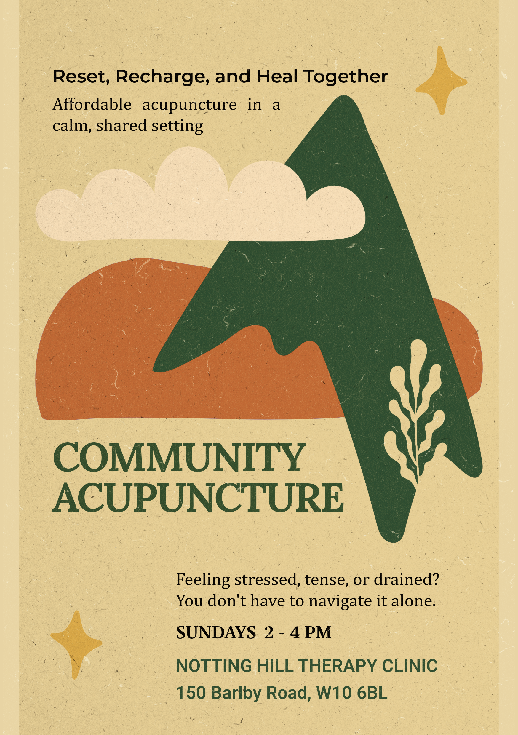 An illustration of a mountain with a cloud above it and a star-shaped object to the right, in earthy tones. The image promotes community acupuncture and therapy clinic events.