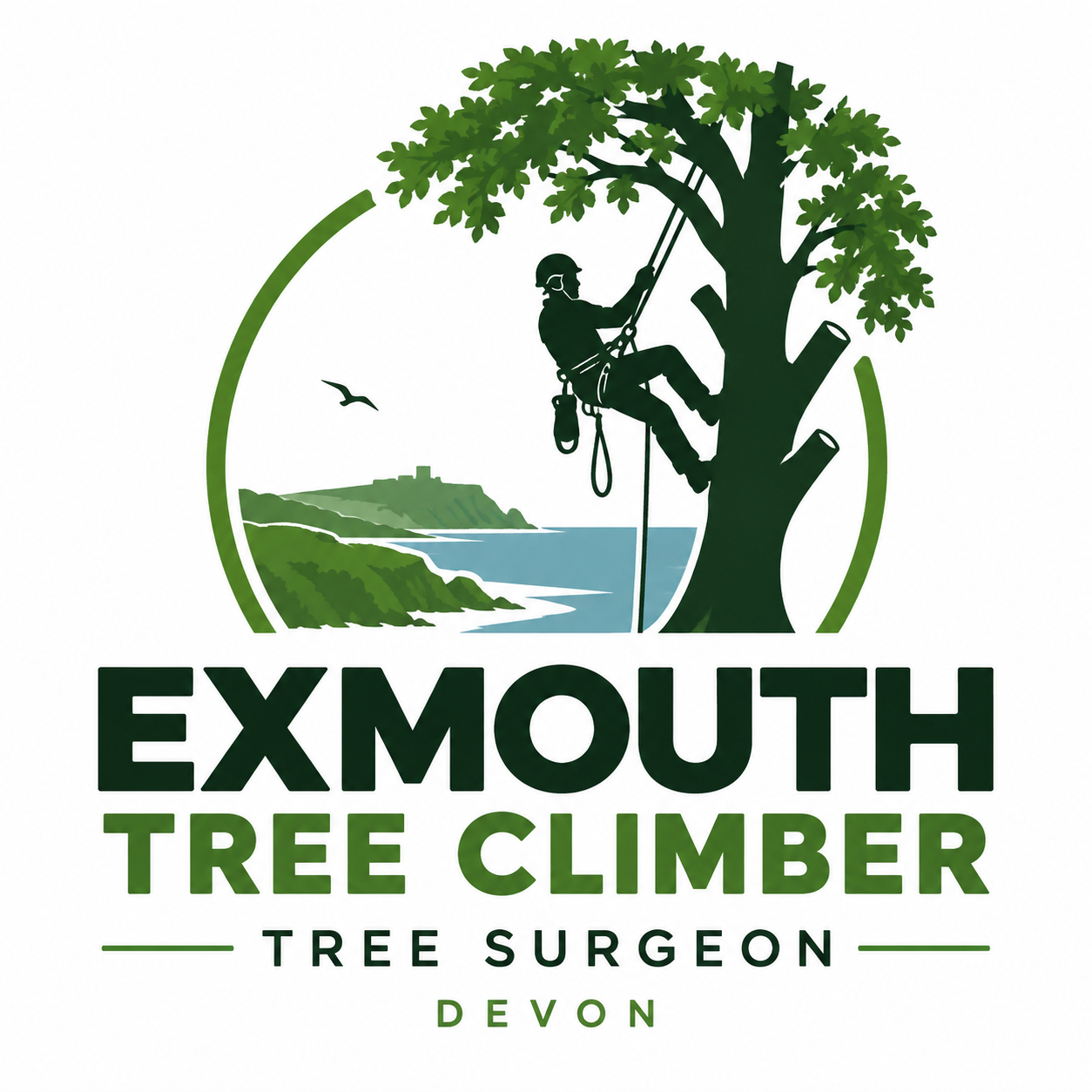A logo featuring a tree climber descending a large tree overlooking a coastal landscape with cliffs, water, and a lighthouse in the distance. The text reads 'Exmouth Tree Climber, Tree Surgeon, Devon.'