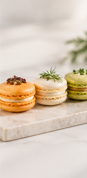 Three macarons in orange, white, and green on a marble surface with a blurred background.