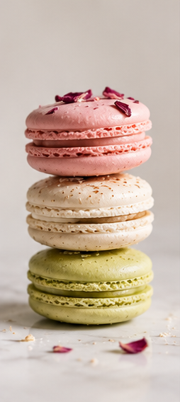 Stacked macarons in pink, white, and green flavors with rose petal garnish.
