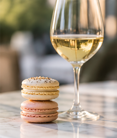 A glass of white wine and two macarons, one pink and one beige, on a marble table outdoors.