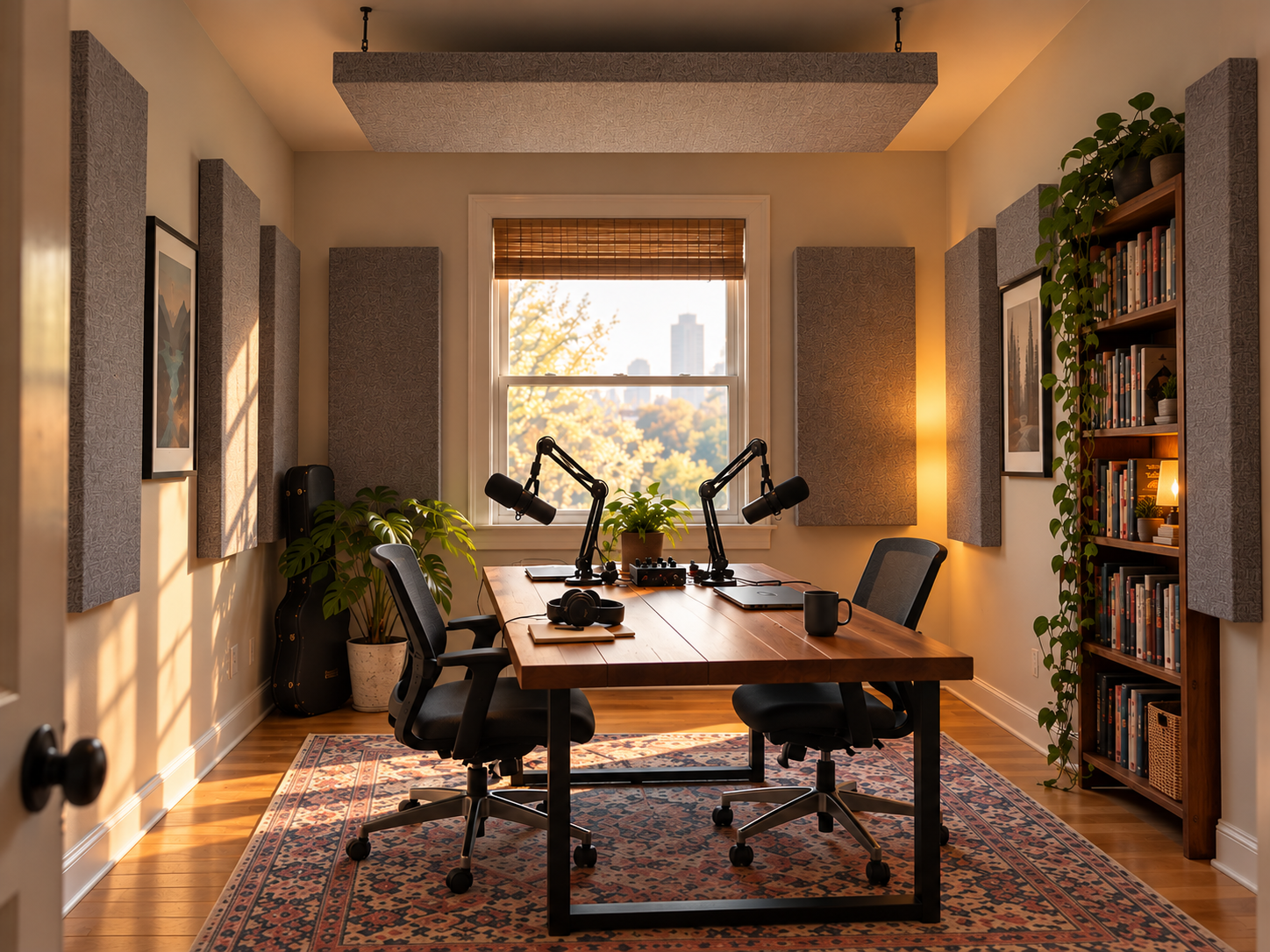 A cozy, well-lit home office enhanced with Third Act Acoustics professionally designed custom acoustic panels installed on the walls and ceiling.