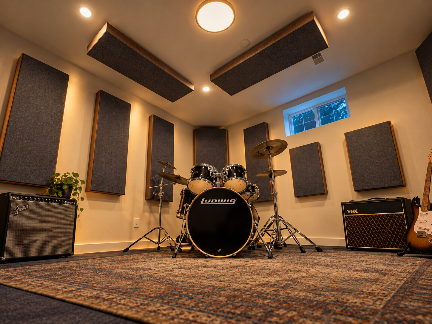 Music rehearsal/recording studio with Third Act Acoustics professionally designed custom acoustic panels installed on the walls and ceiling.