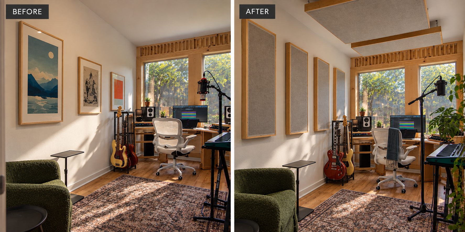 Before and after images of a music studio with Third Act Acoustics custom designed panels installed on the walls and ceiling.