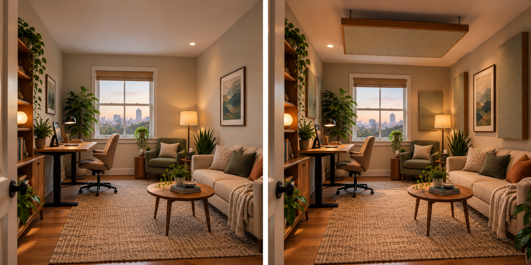 Comparison of a therapist's office with and without Third Act Acoustics treatment. The treated room has tastefully designed, unobtrusive wall and ceiling panels.