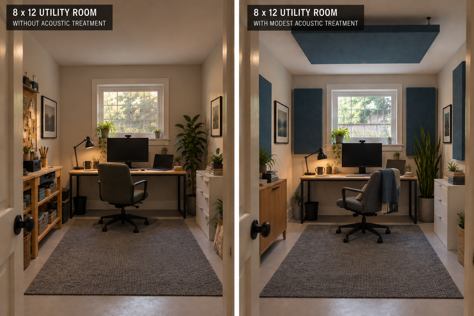 Comparison of an 8 x 12 utility room without and with a Third Act Acoustics treatment. The untreated room has plain walls, while the treated room has blue acoustic panels on the walls and ceiling.