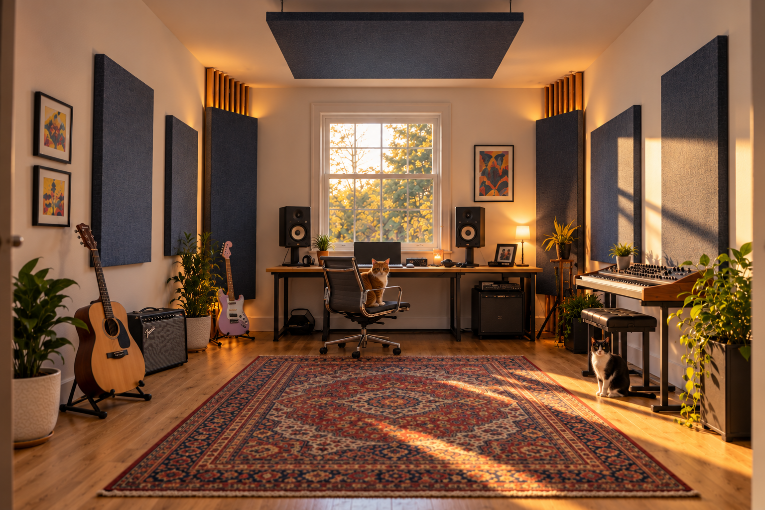 A spacious, sunlit home music studio benefitting from Third Act Acoustics custom-designed wall panels, bass traps and a central ceiling "cloud".