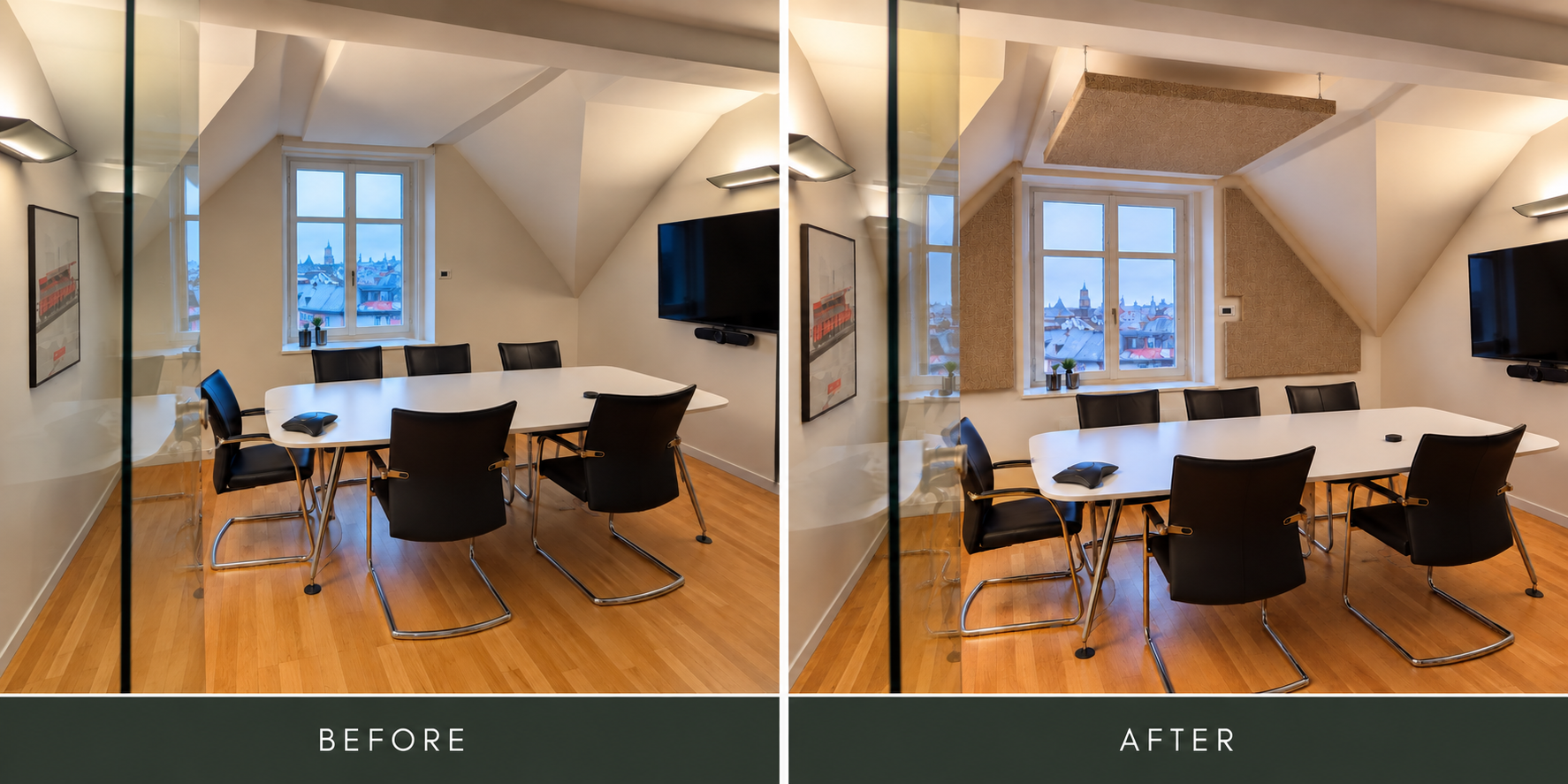 Side-by-side comparison of a conference room -- the 'before' image shows plain white walls, while the 'after' image shows the same room with Third Act Acoustics panels on the walls, enhancing the room's acoustic properties.