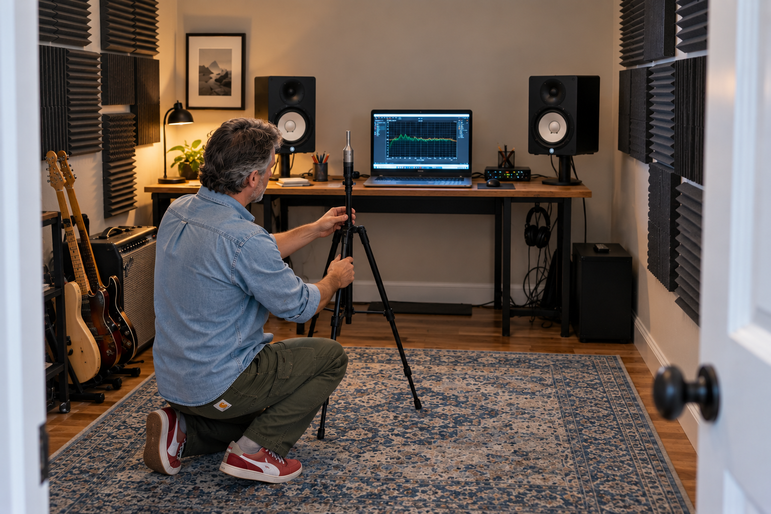 Arne Joost Rickert in a small home music studio, adjusting an analytical microphone on a tripod. The studio has inefficient acoustic foam panels. On the desk a laptop is running the industry standard REW analysis program.