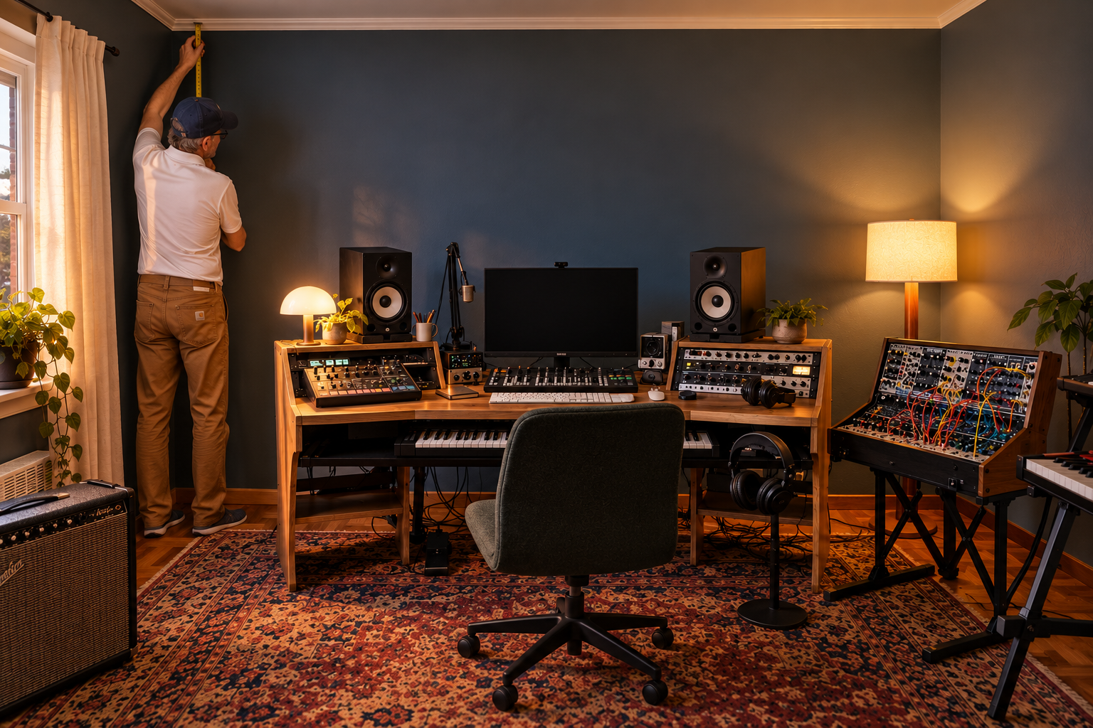 A typical untreated music production studio filled with professional audio equipment, synthesizers, a computer monitor, and studio monitors -- Third Act Acoustics founder Arne Joost Rickert is taking room measurements to aid in acoustic analysis.