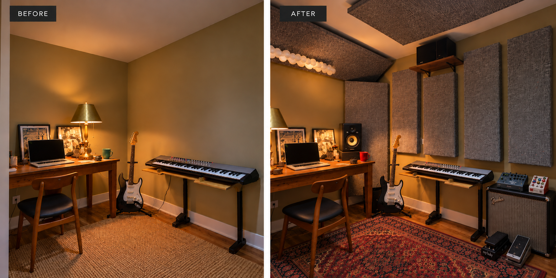 Comparison photo showing a home studio before and after a Third Act Acoustics installation. The left side showing bare walls with no treatments, the right side showing a custom design for bass traps, wall panels and ceiling "clouds".