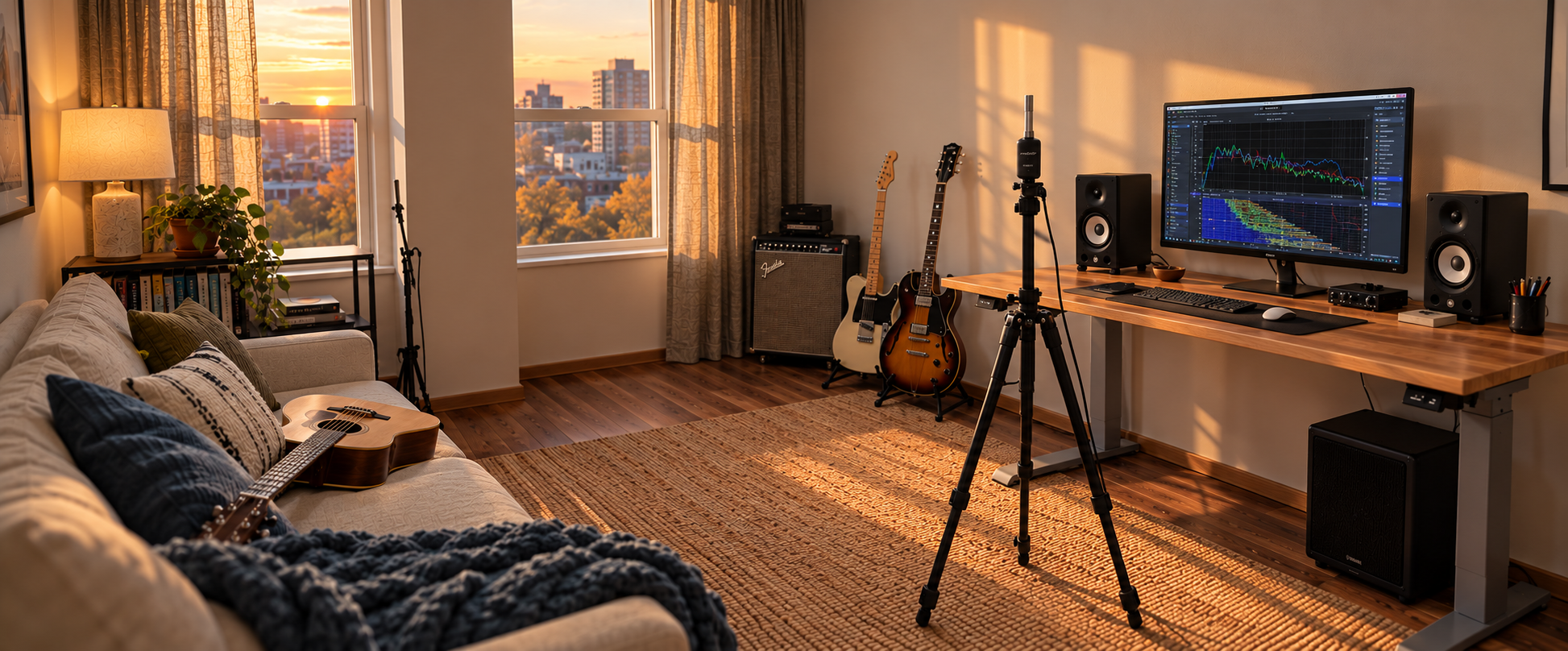 A typical cozy music and recording studio room in a GTA condo setting -- Third Act Acoustics is recording acoustic reflections, standing waves and other properties of the untreated room prior to a full-frequency REW analysis and recommendation.