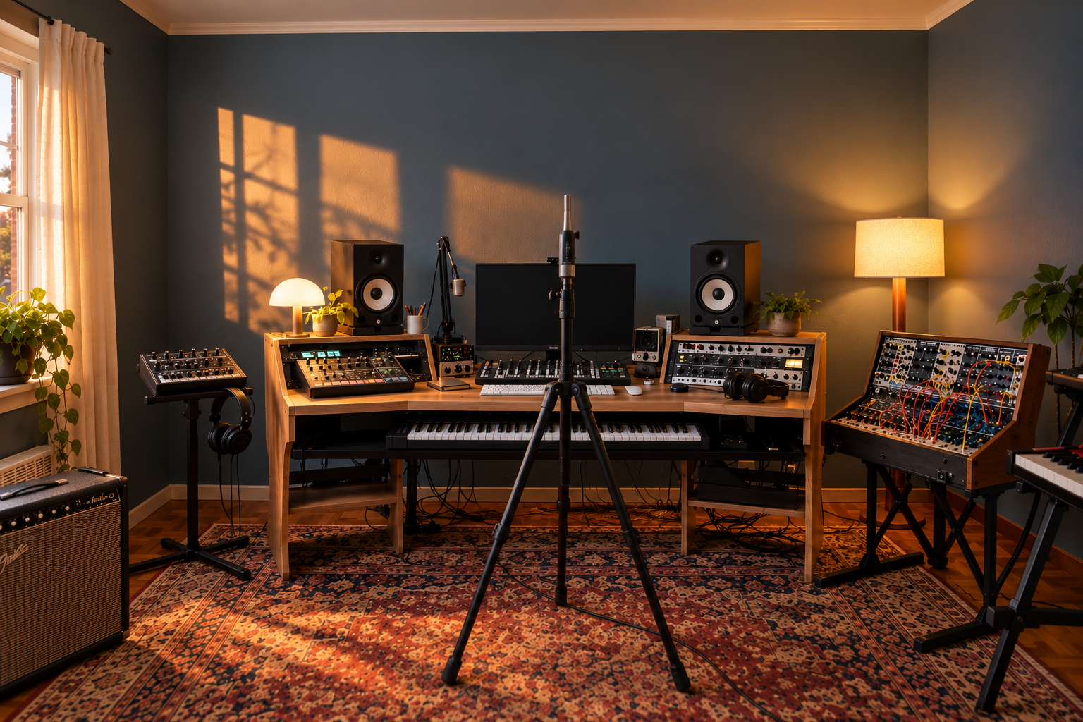 A typical untreated music production studio filled with professional audio equipment -- Third Act Acoustics is recording room reflections and standing wave responses for a full-frequency REW analysis before recommending an acoustic treatment plan.