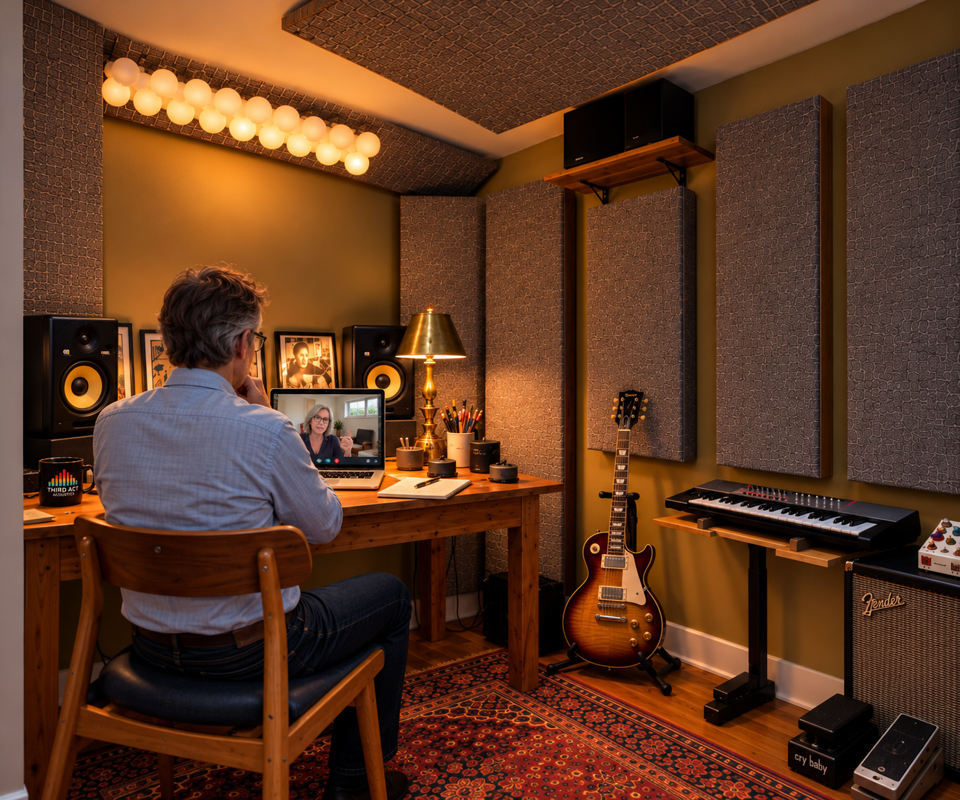 A client video consultation from the Third Act Acoustics mixing studio, complete with custom-designed corner bass traps, ceiling clouds, and wall panels.