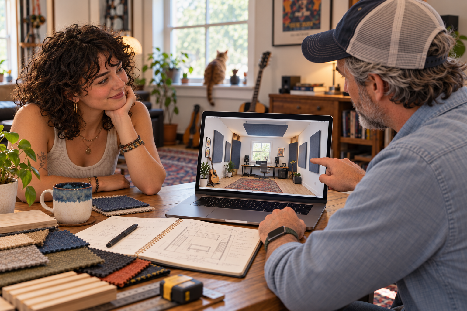 Third Act Acoustics presenting a home studio acoustic treatment recommendation for a young recording artist, with fabric sample swatches on hand.