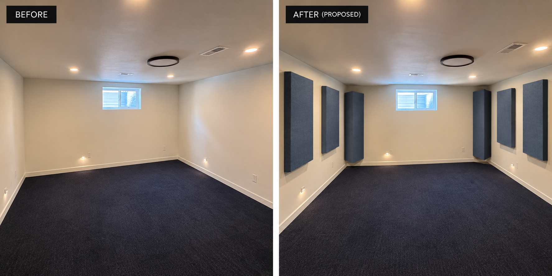 Comparison of a plain basement room before and after installation of Third Act Acoustics panels. The 'before' image shows empty beige walls and a small window, while the 'after' image shows several acoustic panels mounted on the walls.
