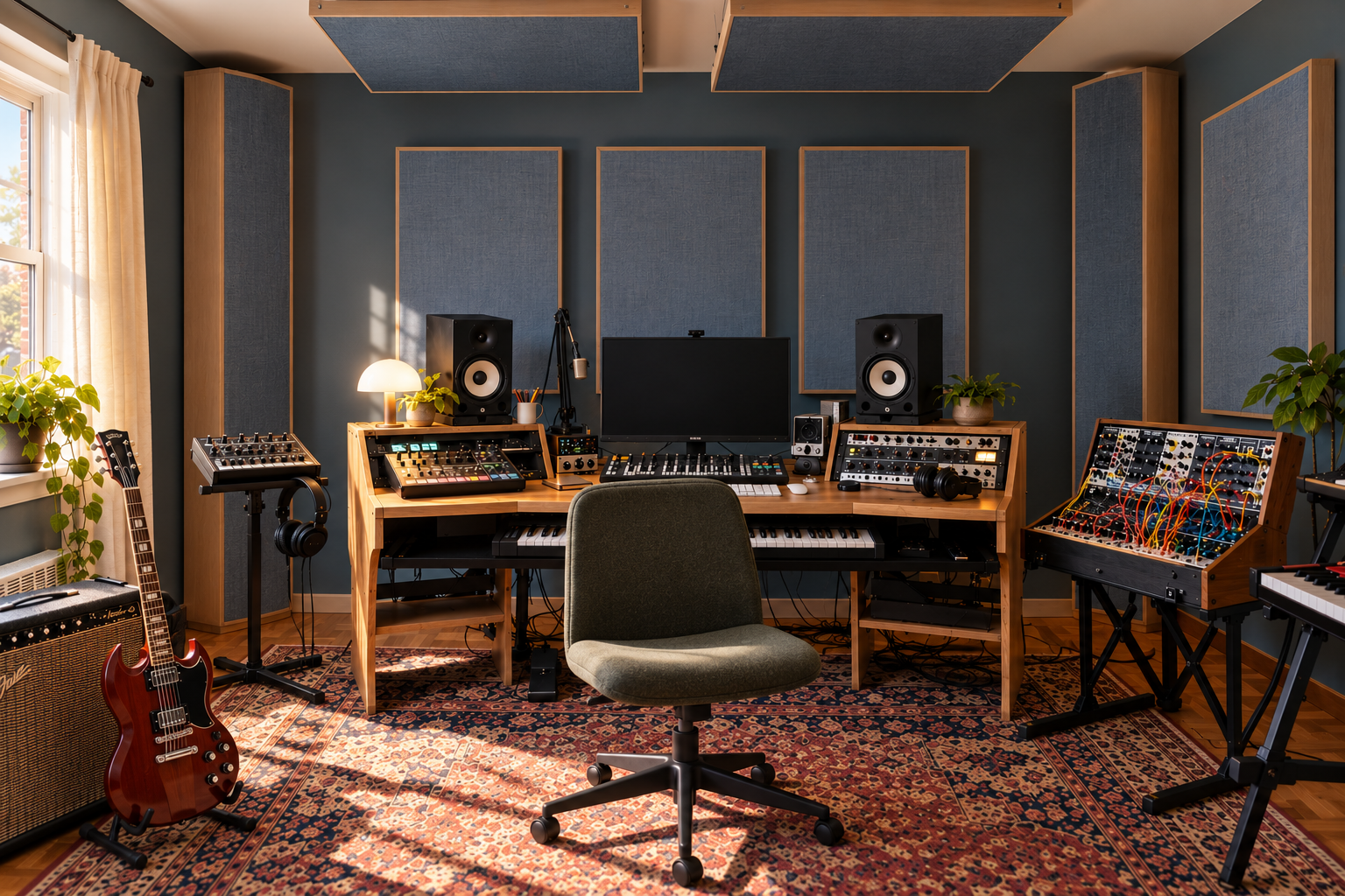 An example of a home recording/mixing studio with premium Third Act Acoustics wall panels, corner bass traps and ceiling "cloud" panels..