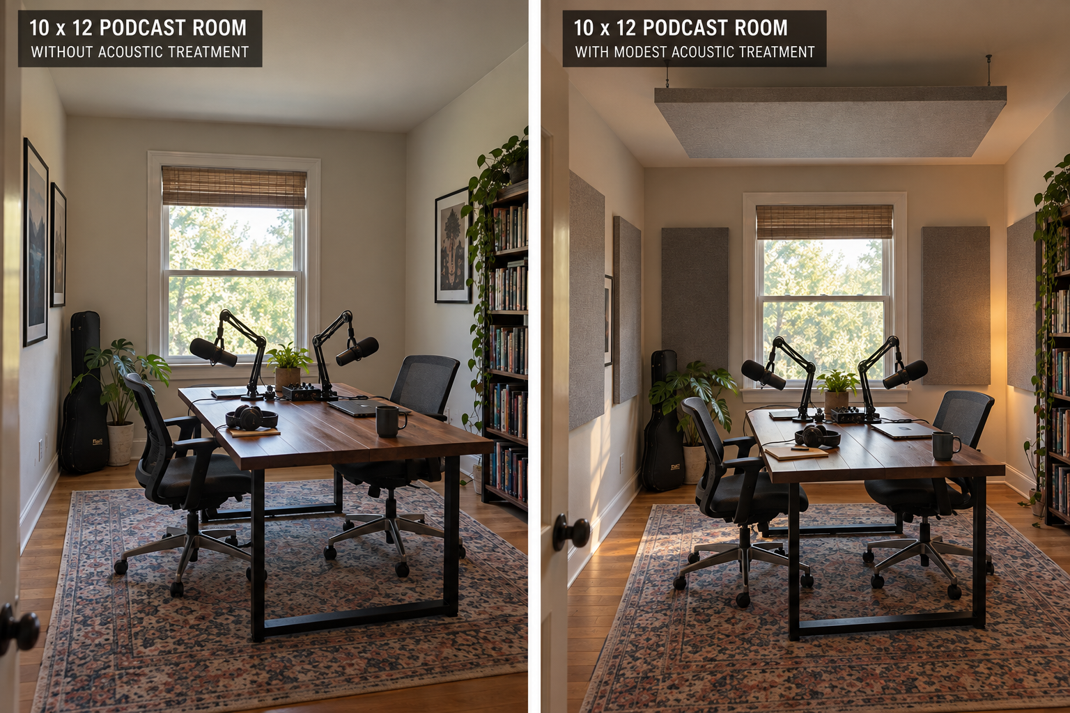 Comparison of a podcast recording room before and after a Third Act Acoustics treatment, showing improved acoustic properties and sound quality without sacrificing aesthetics.