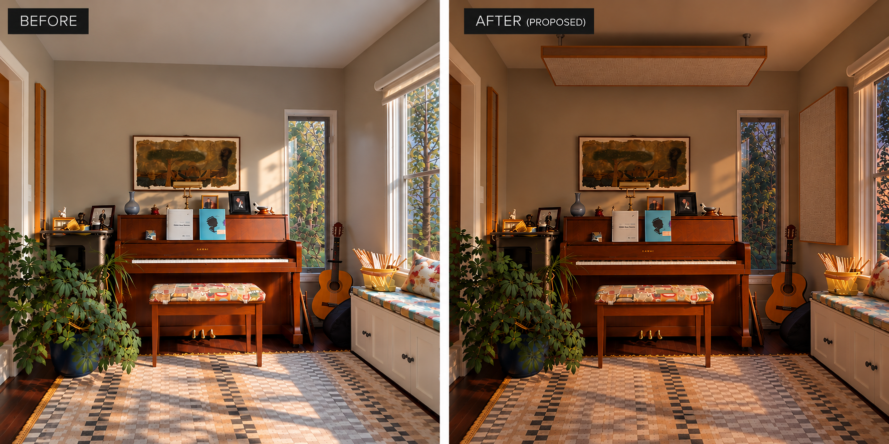 A 'before and after' interior makeover showing a multi-use sun room with a piano, plants, a bench, and a guitar. After shows the same room with tastefully designed Third Act Acoustics panels installed on the ceiling and side wall.