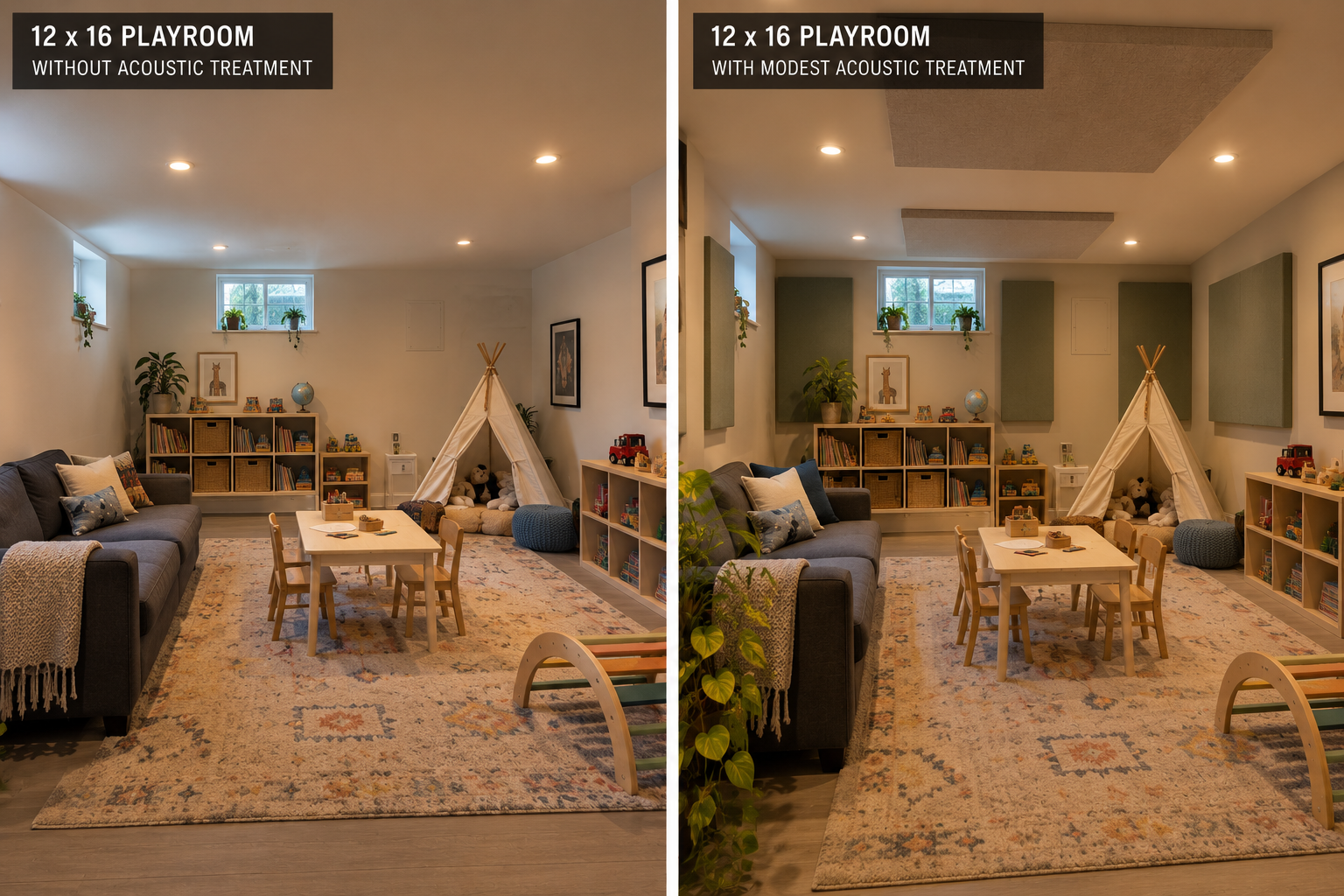 Comparison of a children's playroom before and after acoustic treatment, showing reduced echo and sound reflection in the after image with moderate Third Act Acoustics treatments.