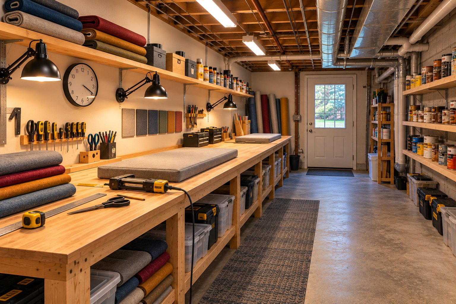 Third Act Acoustics' upholstery and finish workshop with wooden workbenches, shelves filled with colorful fabric rolls, paint cans, and tools..