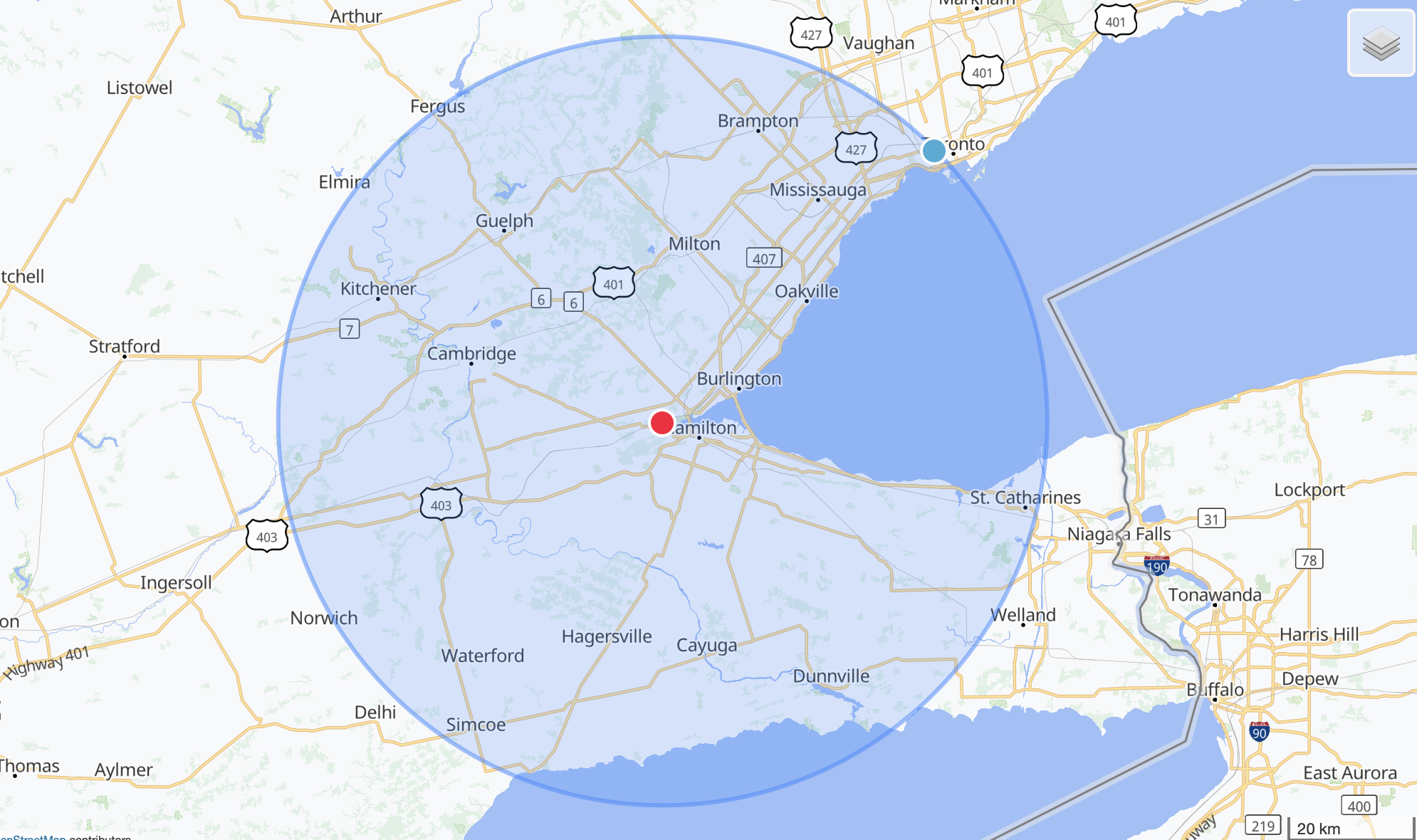 Map showing Third Act Acoustics'  location in Dundas, Ontario with a 60km radius overlay of our standard coverage zone.
