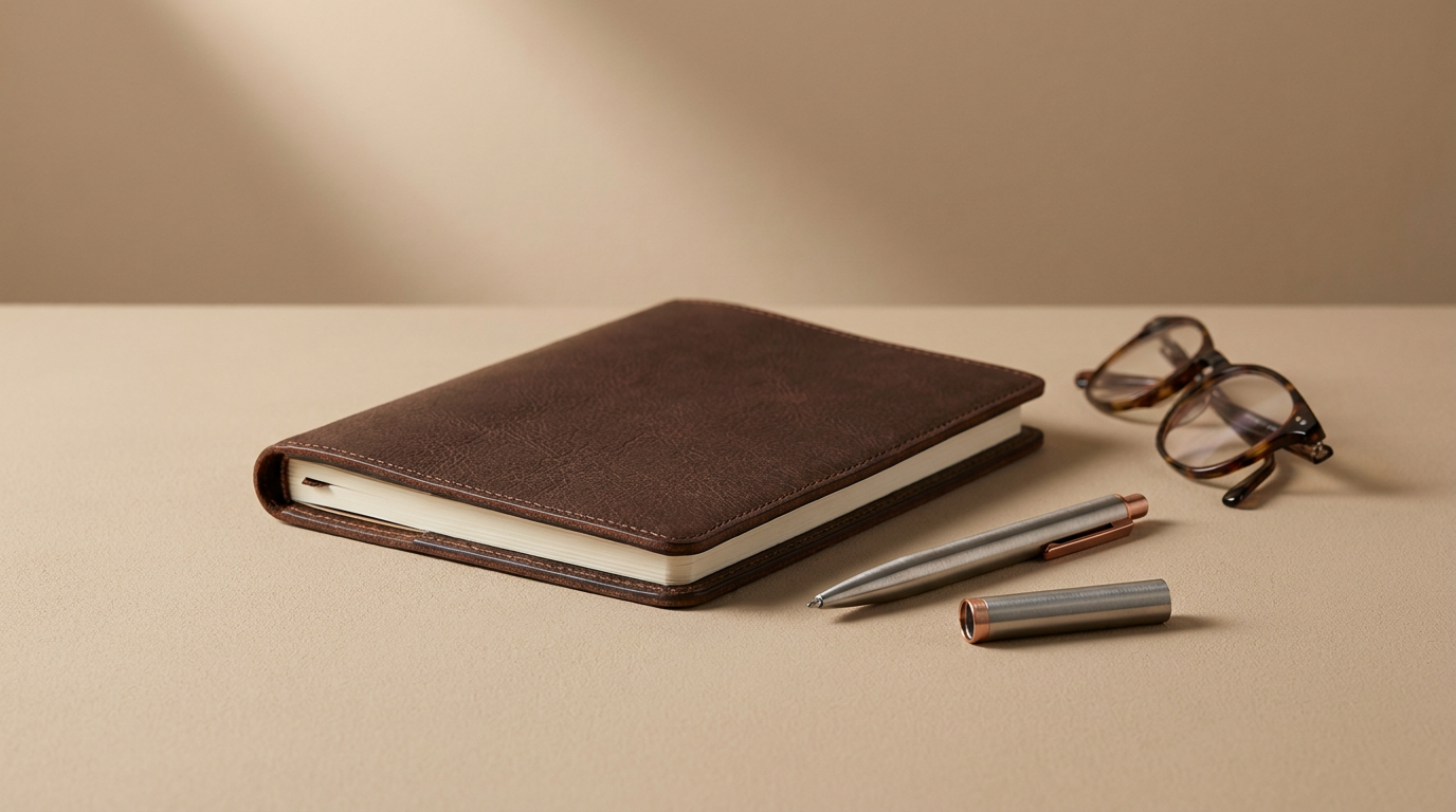 A leather-bound notebook, a silver pen with a copper clip, a hollow pen cap, and a pair of tortoiseshell eyeglasses on a beige surface.