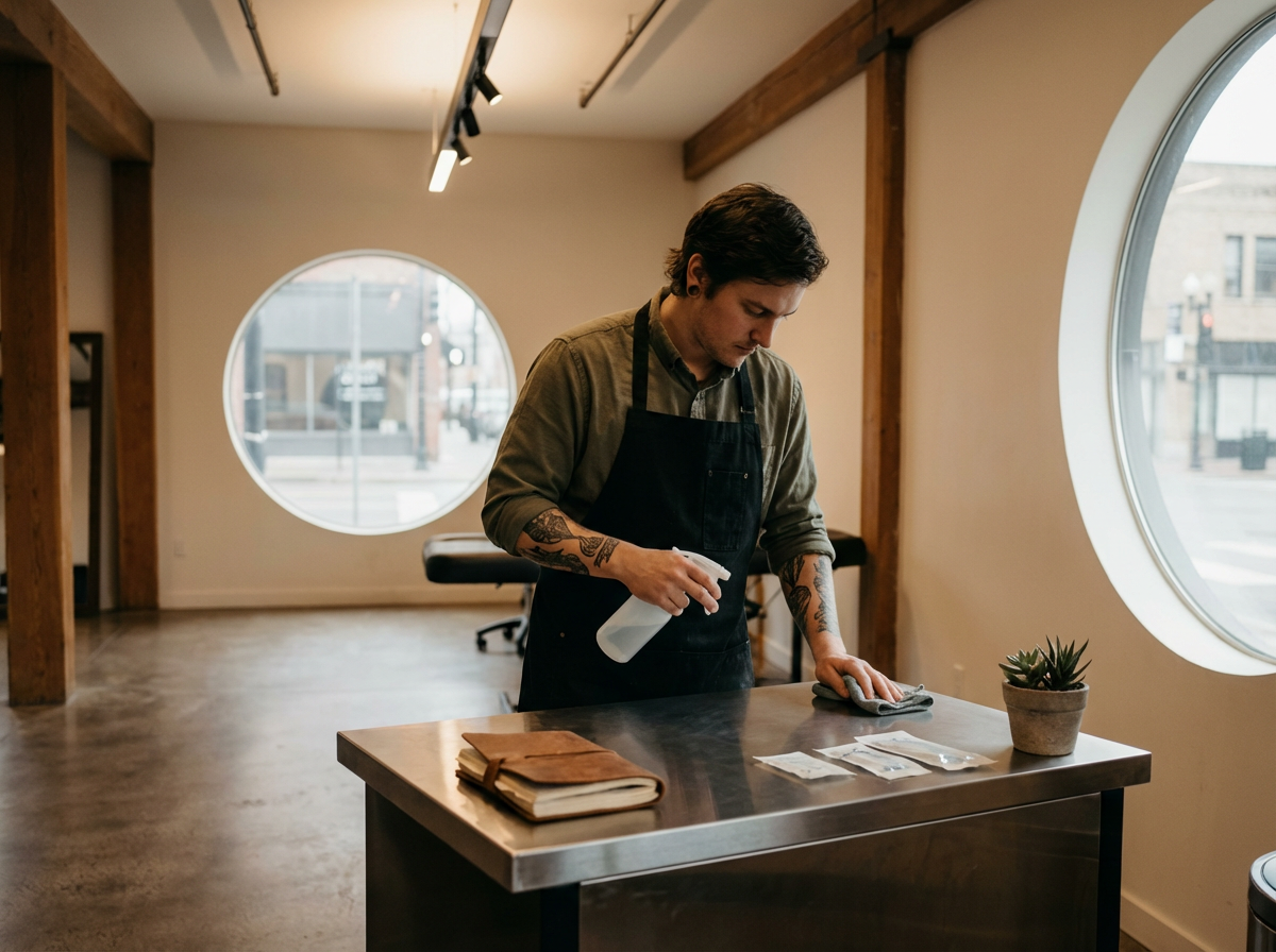 A young man with tattoos wearing a black apron is cleaning a stainless steel table in a room with large round windows and wooden beams.