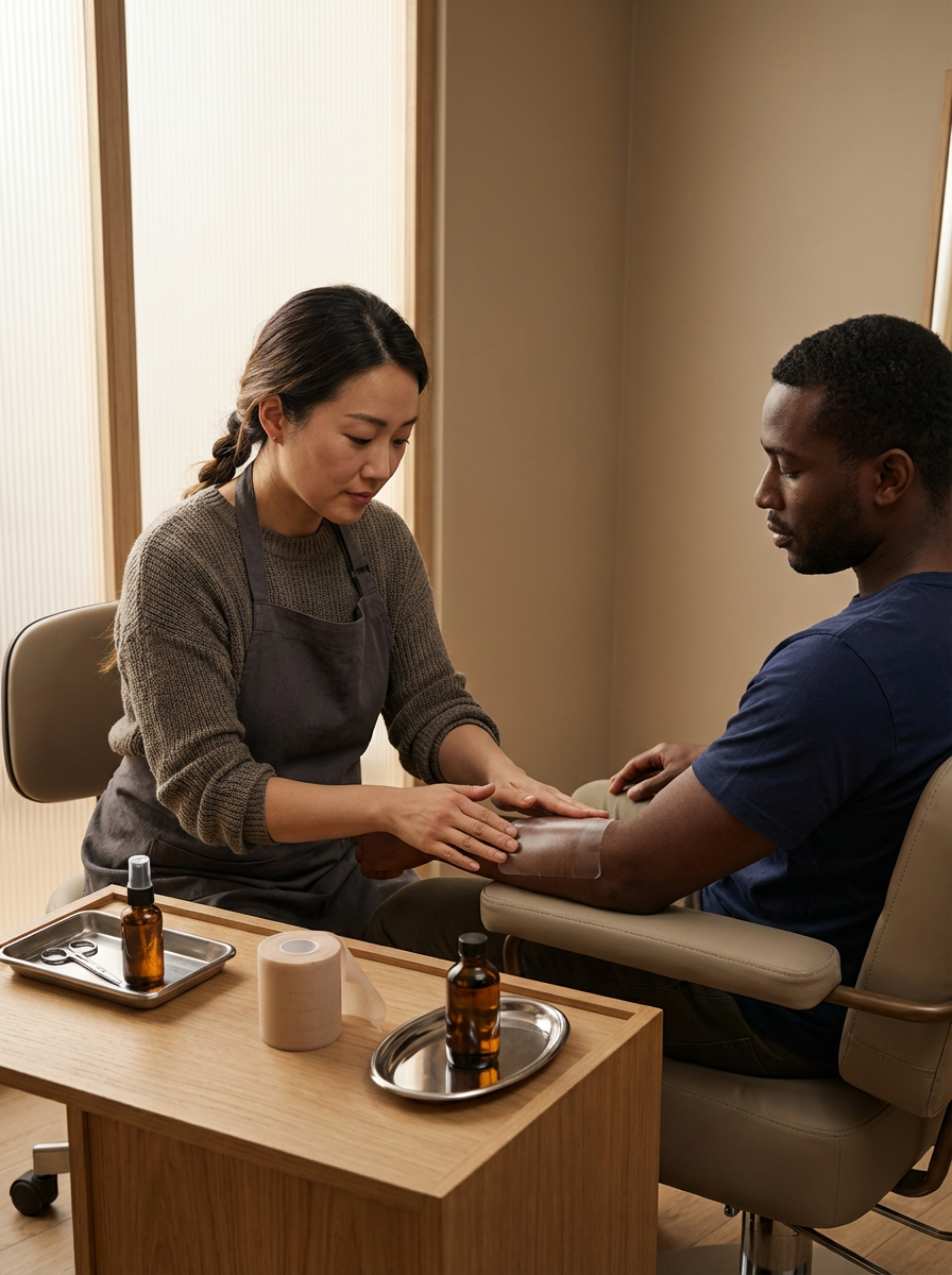 A woman providing a foot massage or medical treatment to a man in a clinic or spa setting.