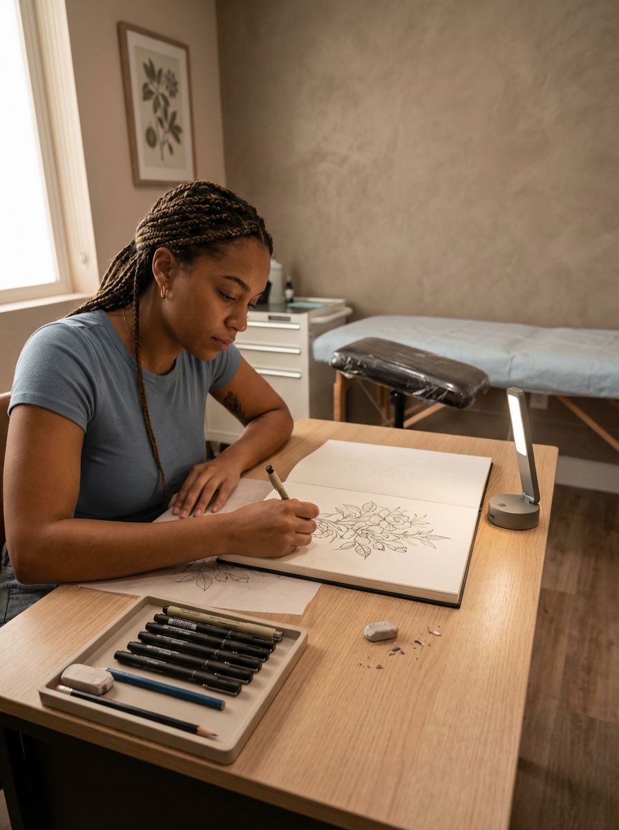 Woman sketching a botanical drawing at a desk with art supplies, small LED light, and a massage table in the background.